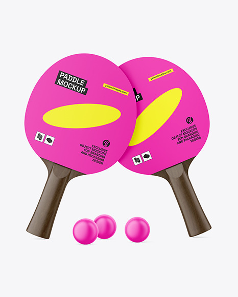 Two Ping Pong Paddles with Dark Wooden Handles &amp; Balls Mockup