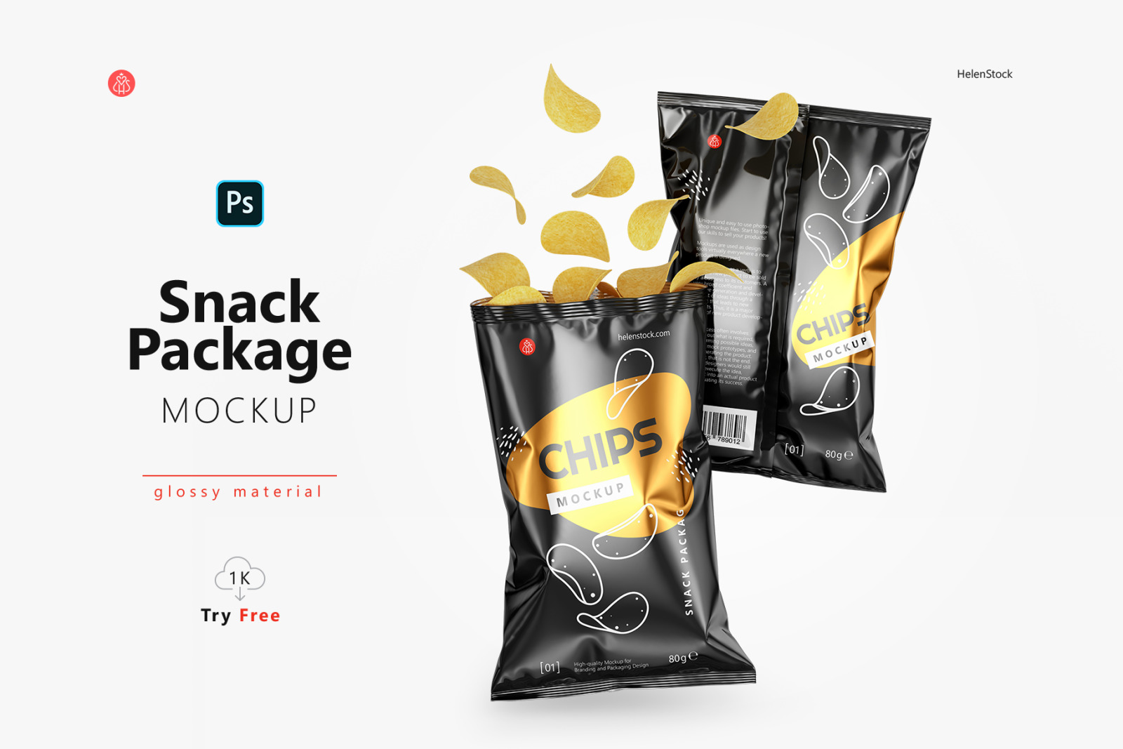 Two Glossy Snack Package with Chips Mockup on Yellow Images Creative Store