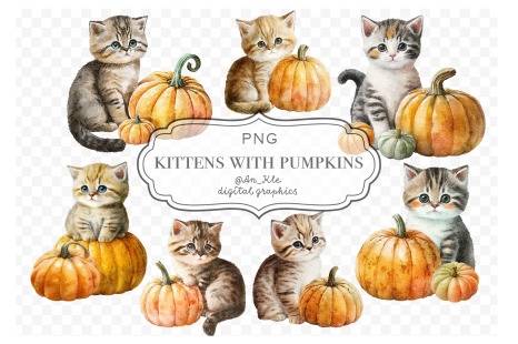 Kittens with pumpkins clipart