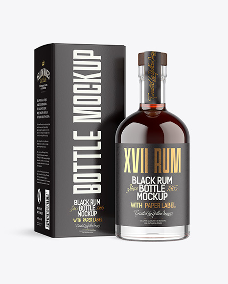 Clear Glass Black Rum Bottle with Box Mockup