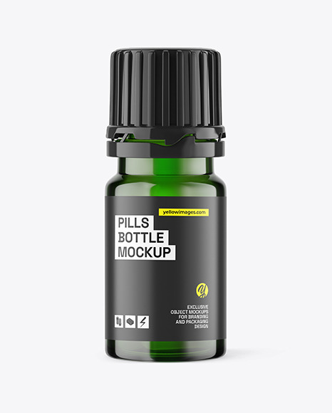 Green Glass Bottle With Pills Mockup