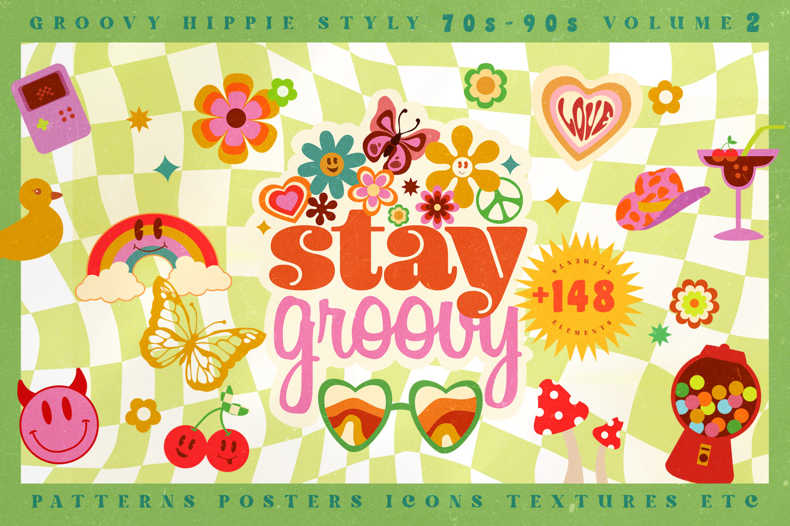 Retro 70s Groovy Backgrounds, Rainbows, Hippie Patterns PNG