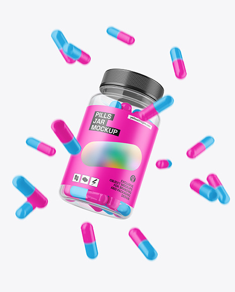 Clear Pills Jar w/ Flying Pills Mockup