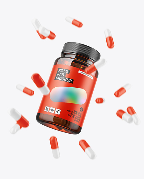 Amber Pills Jar w/ Flying Pills Mockup