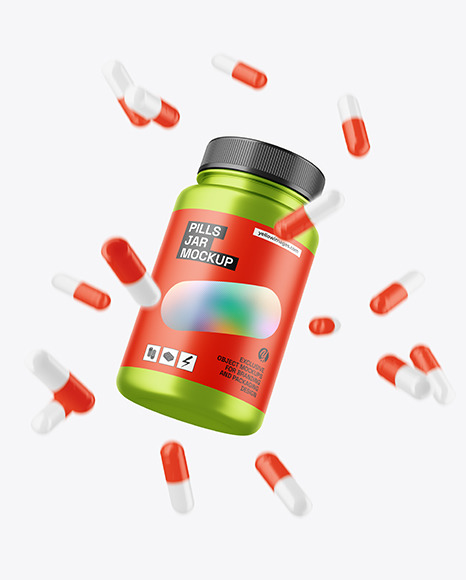 Metallic Pills Jar w/ Flying Pills Mockup