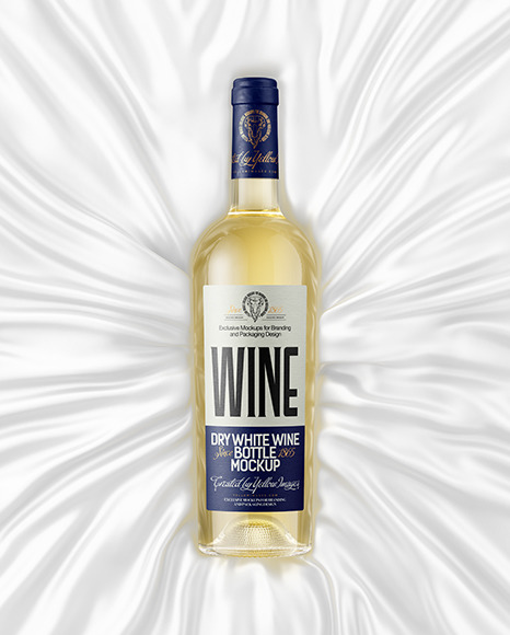 Clear Glass White Wine Bottle Lying on a Silk Cloth Mockup