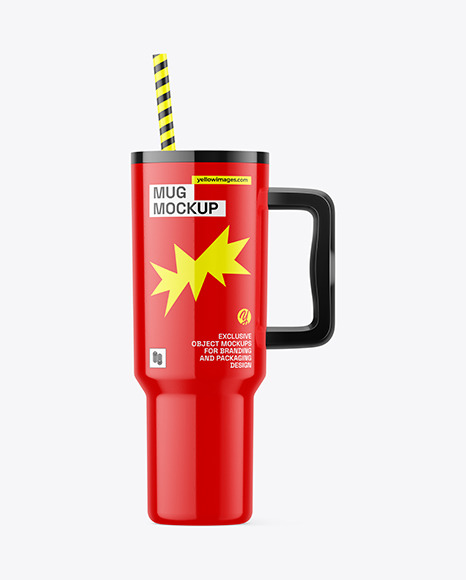 Glossy Ceramic Travel Mug w/ Straw Mockup