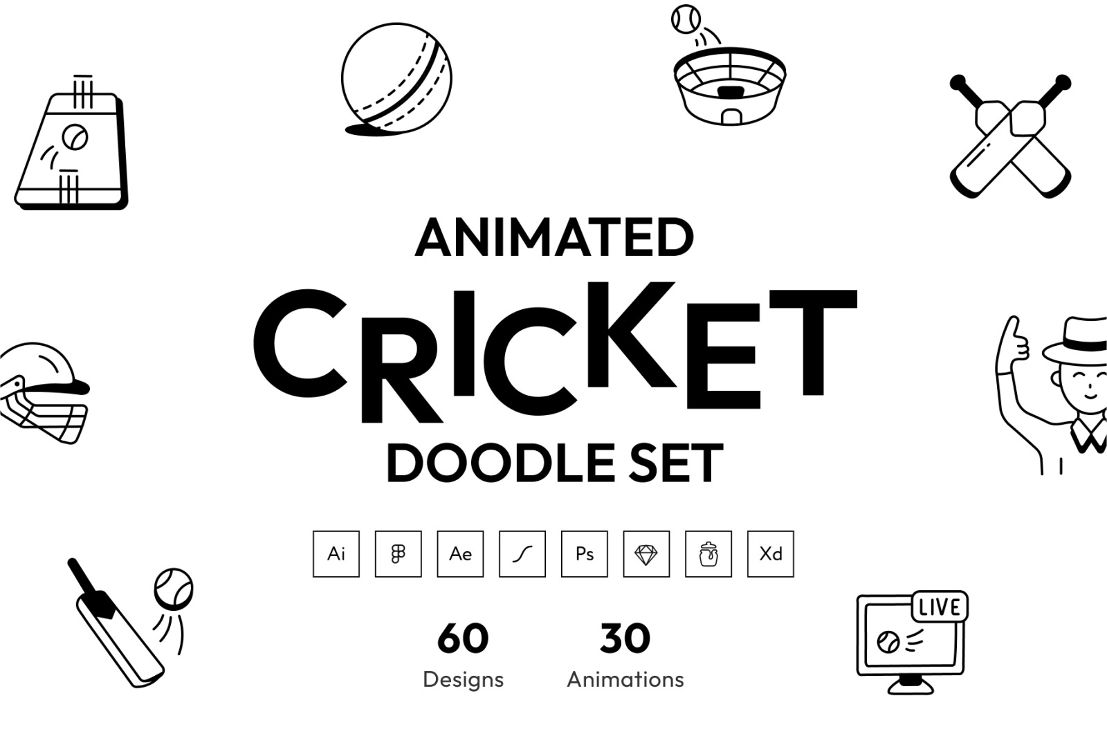 Animated Cricket Doodle Set on Yellow Images Creative Store