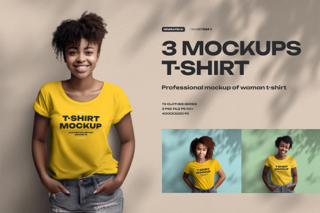 3 T-shirt Mockups on 3 Different African American Women. Generated Ai