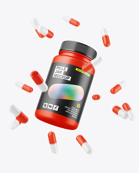 Matte Pills Jar w/ Flying Pills Mockup
