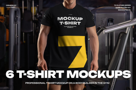6 Mockups of the Men's T-shirt on the Bodybuilder in the Gym