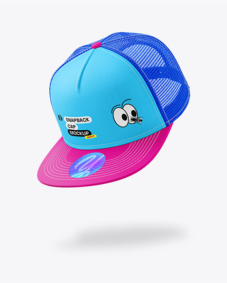 Flying Snapback Cap w/ Sticker Mockup