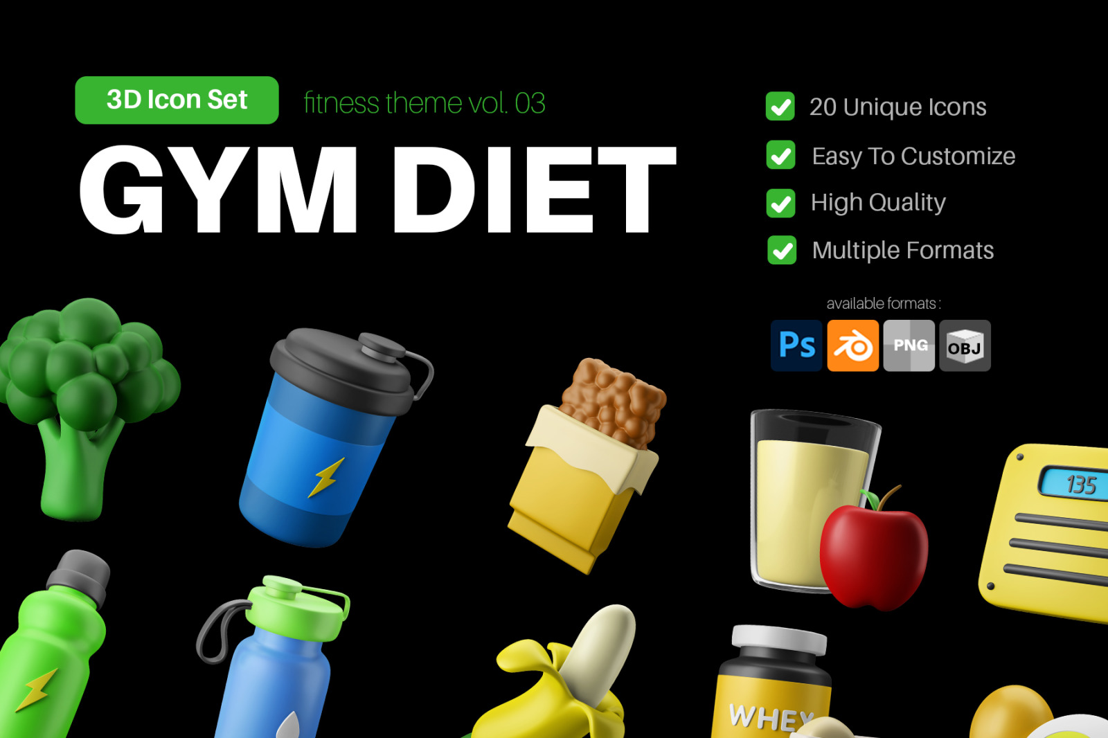3D Icon Pack - Fitness And Gym Diet Food & Drink Theme
