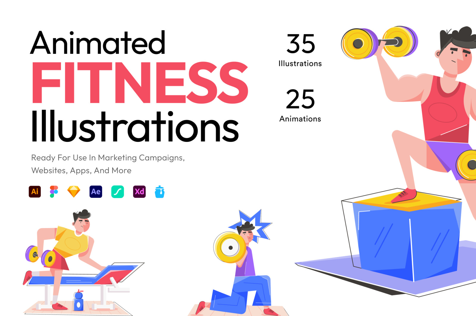 Animated Fitness Illustration Set on Yellow Images Creative Store