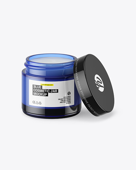 Opened Blue Glass Cosmetic Jar Mockup