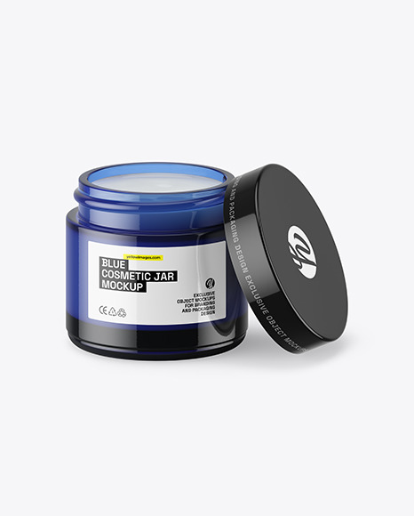 Opened Dark Blue Glass Cosmetic Jar Mockup