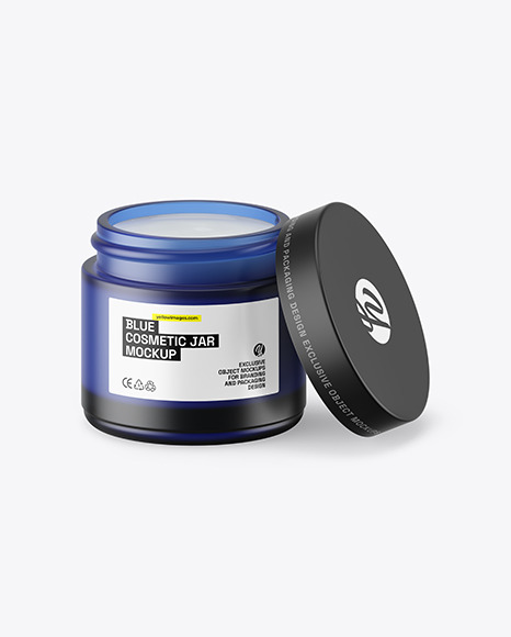 Opened Dark Blue Frosted Glass Cosmetic Jar Mockup