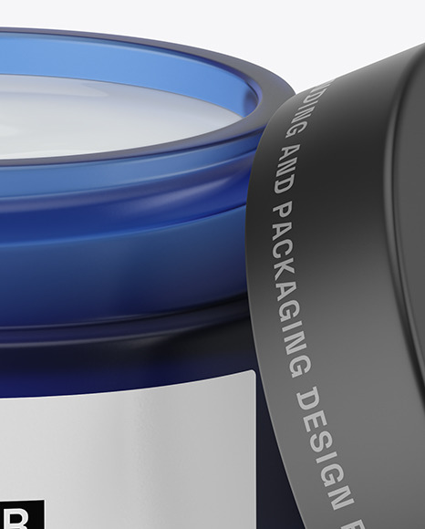 Opened Dark Blue Frosted Glass Cosmetic Jar Mockup