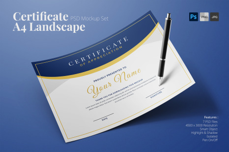 Certificate A4 Landscape PSD Mockup Set