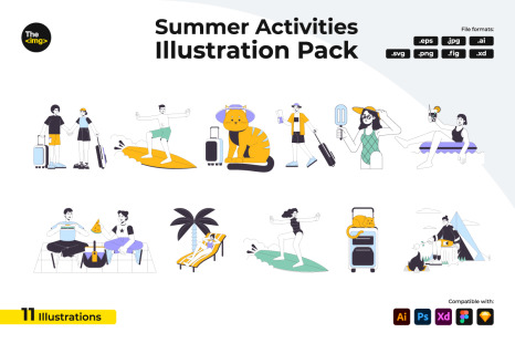Vacation travellers flat line concept vector spot illustrations pack