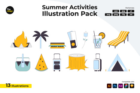 Summer activities flat line color vector icons pack