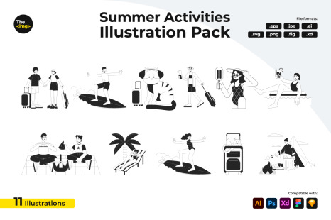 Vacation travellers bw concept vector spot illustrations pack