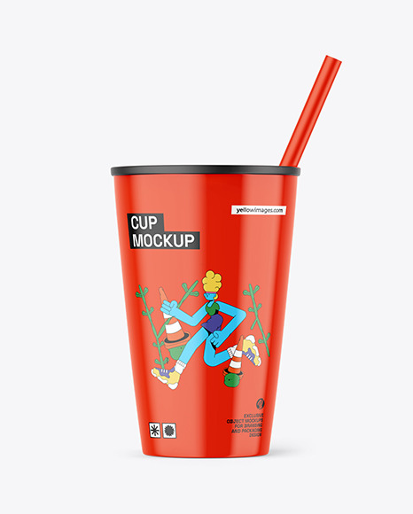 Glossy Cup With Straw Mockup