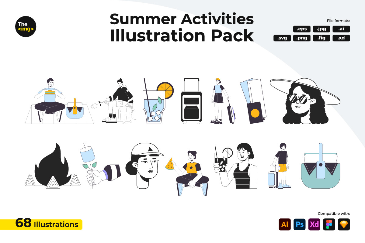 Summer recreation flat line vector spot illustration pack Summer recreation flat line vector spot illustration pack
