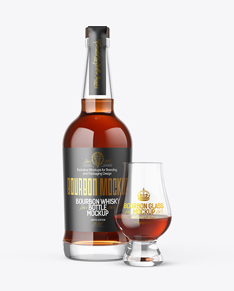 Bourbon Bottle With Glass Mockup