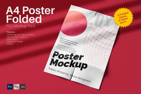 A4 Paper Folded Poster PSD Mockup Pack