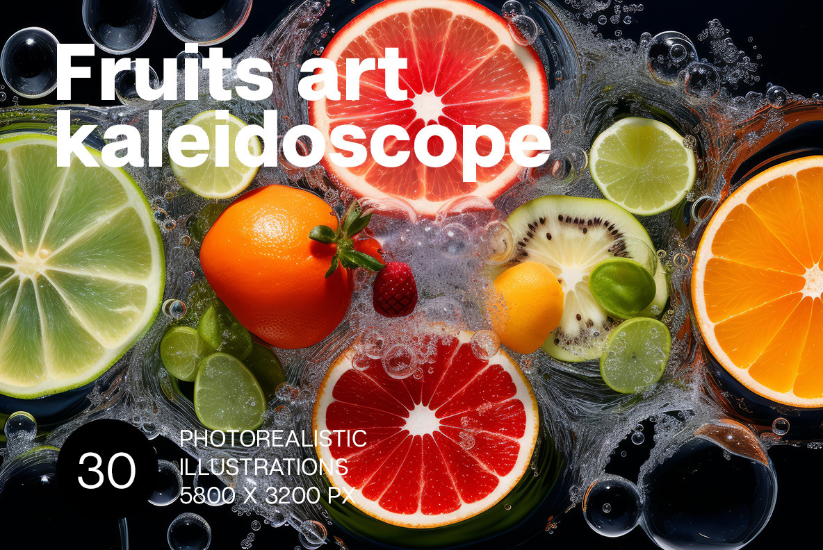 Fruits art kaleidoscope on Yellow Images Creative Store