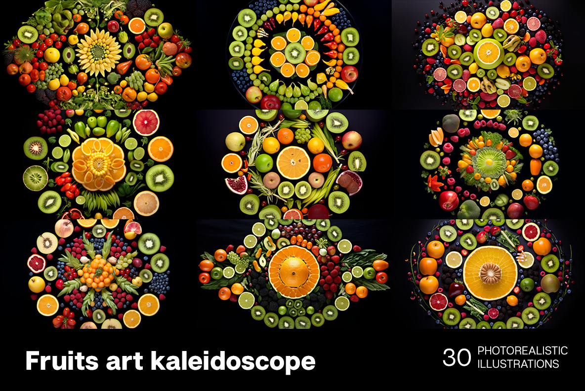 Fruits art kaleidoscope on Yellow Images Creative Store