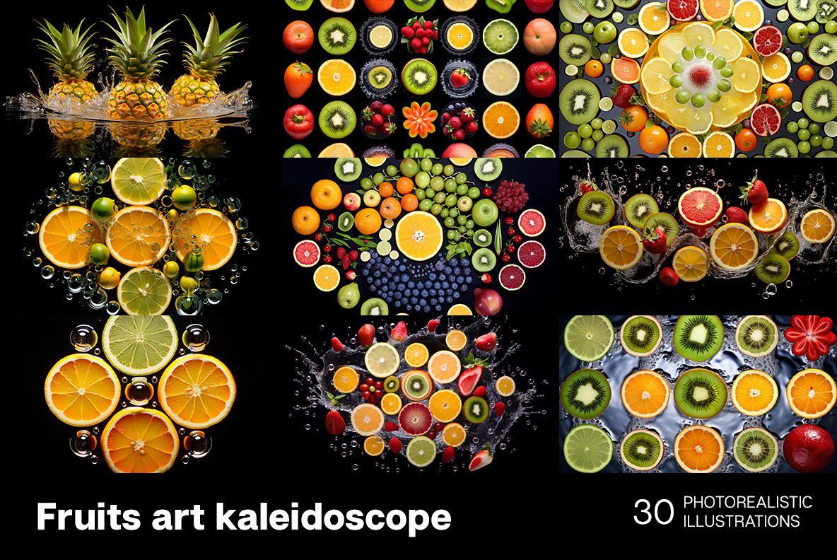 Fruits art kaleidoscope on Yellow Images Creative Store