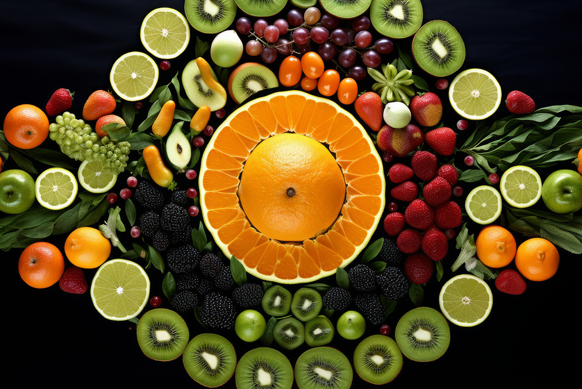 Fruits art kaleidoscope on Yellow Images Creative Store