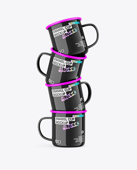 Four Glossy Enamel Cups Mockup