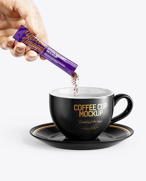 Glossy Stick Sachet With Coffee in a Hand &amp; Coffee Cup Mockup