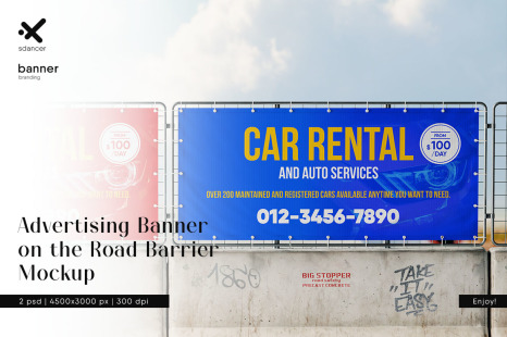 Advertising Banner on the Road Barrier Mockup