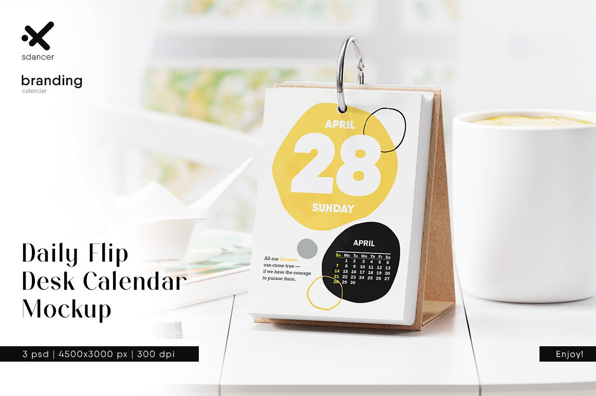 Daily Flip Desk Calendar Mockup on Yellow Images Creative Store