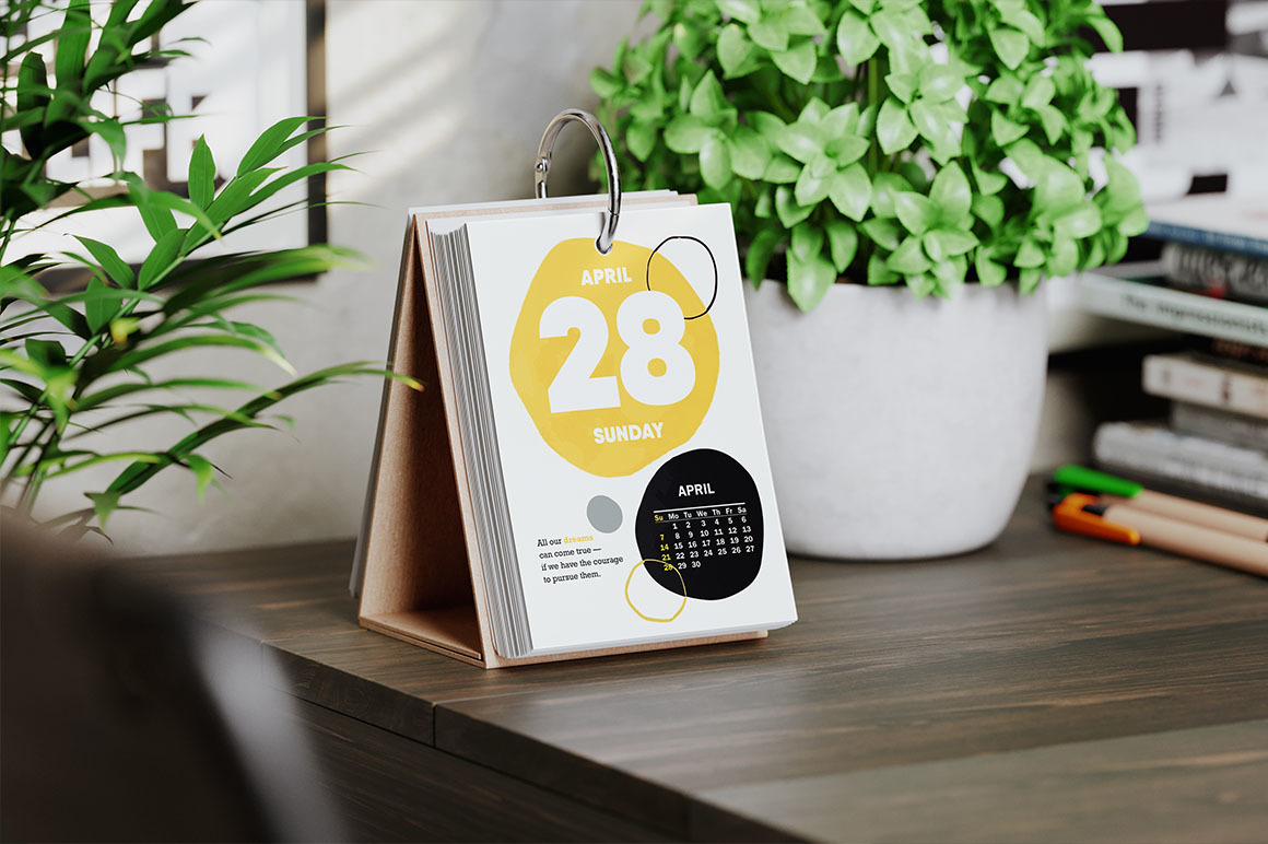 Daily Flip Desk Calendar Mockup on Yellow Images Creative Store