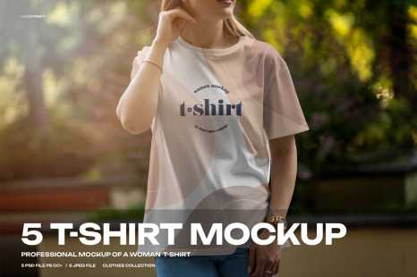 5 Mockups T-Shirt on a Girl Walking in the Park