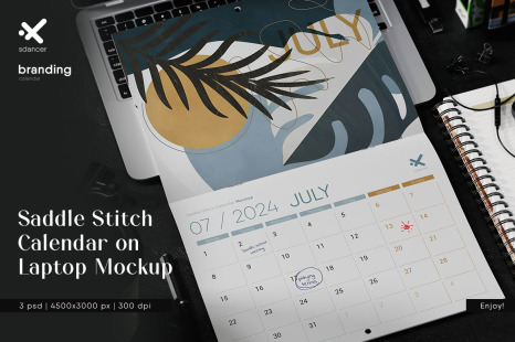 Saddle Stitch Calendar on Laptop Mockup
