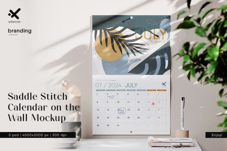 Saddle Stitch Calendar on the Wall Mockup