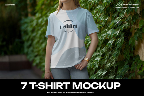 7 Mockups T-Shirt on a Girl Walking in the Green Street
