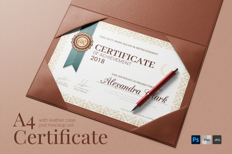 A4 Certificate with Leather Case PSD Mockup Set