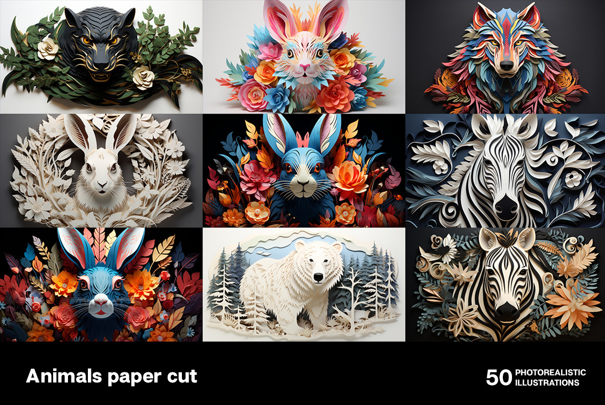 Animals paper cut on Yellow Images Creative Store