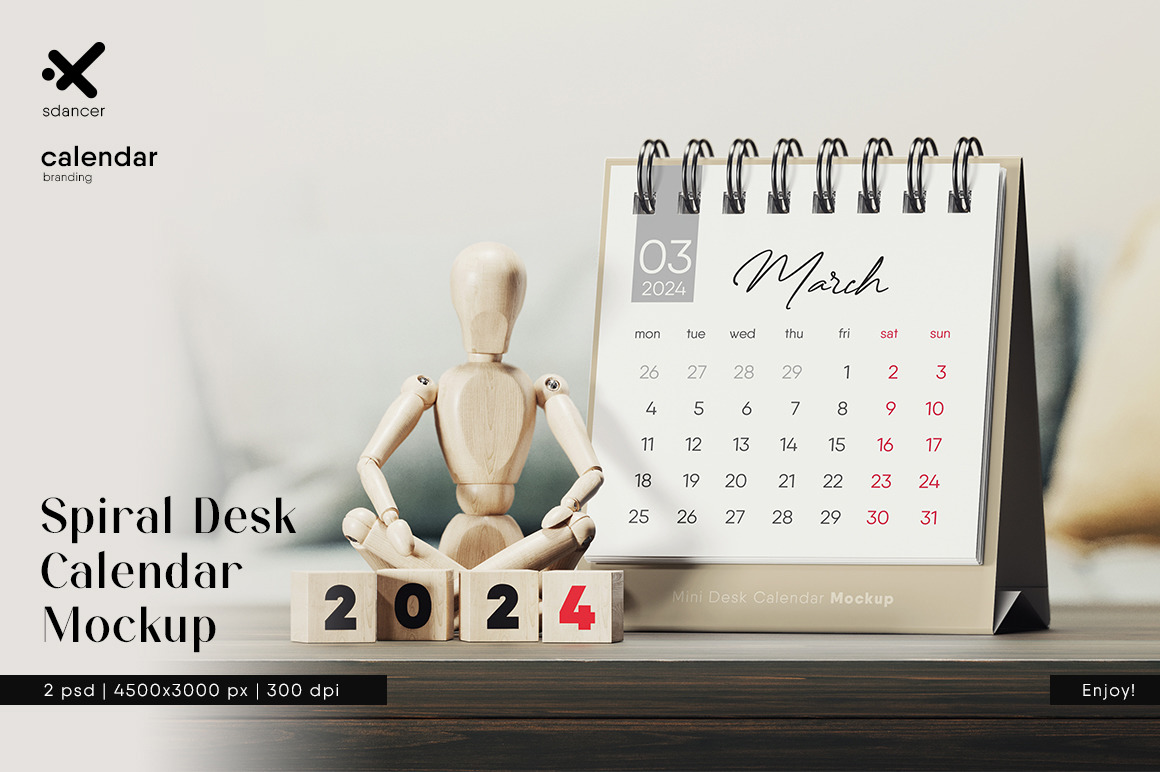 Spiral Desk Calendar with Wooden Man Mockup on Yellow Images Creative Store