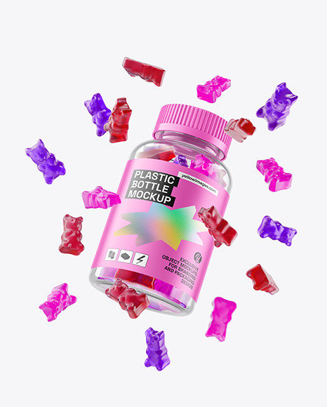 Plastic Bottle with Flying Gummies Mockup