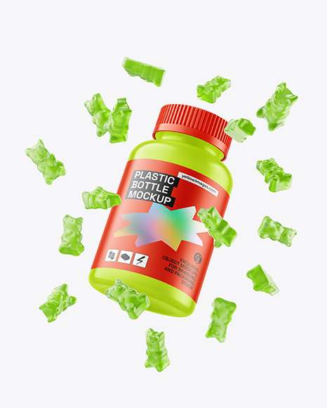 Matte Plastic Bottle with Flying Gummies Mockup