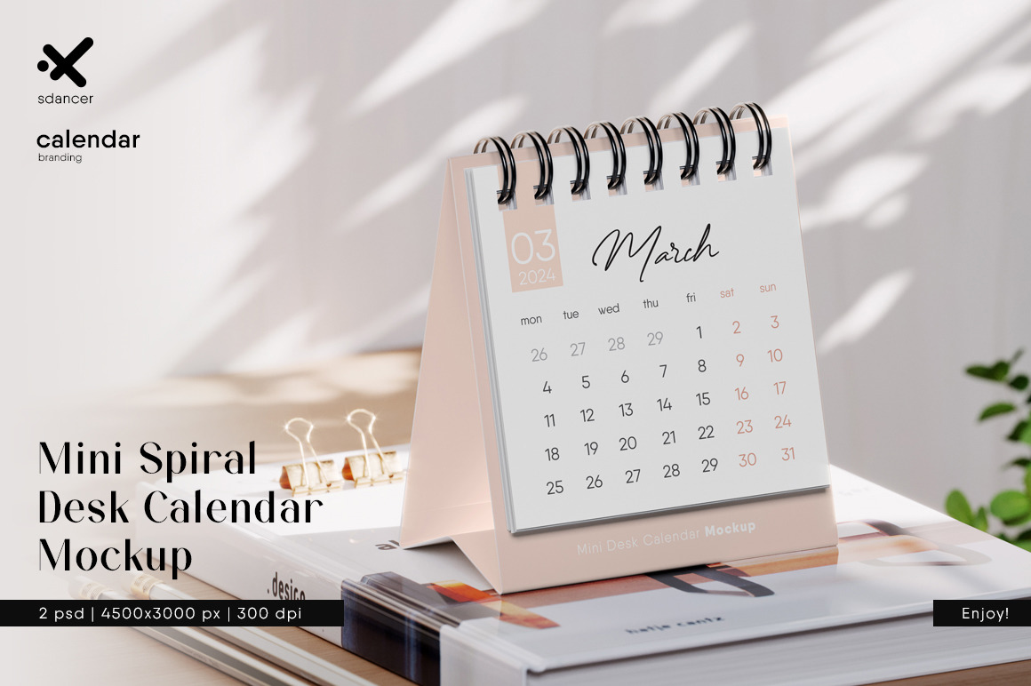 Mini Spiral Desk Calendar Mockup on Yellow Images Creative Store
