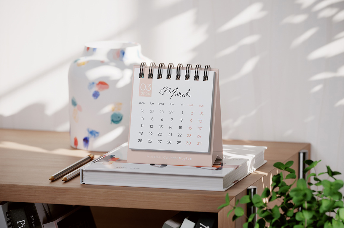 Mini Spiral Desk Calendar Mockup on Yellow Images Creative Store